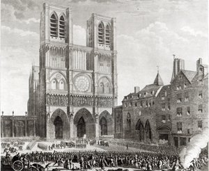 Thomas de Mahy (1744-90) Markis av Favras gör hedervärd gottgörelse inför Notre-Dame, graverad av Pierre Gabriel Berthault (1737-1831) 1790