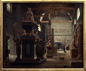 Introduktionshallen för Musee des Monuments Francais vid klostret Petites Augustins rue Bonaparte i Paris Målning av Jean Lubin Vauzelle (1776-afr 1837) 1812 Sön. 0,6x0,75 m Paris, Musee Carnavalet.