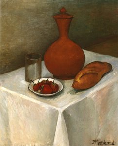 Stilleben med lergodskanna, limpa och jordgubbar
