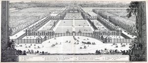 Allmän perspektivvy över slottet, borggården, förgården, rabatterna, trädgårdarna m.m. vid Richelieu