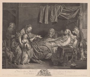 Familj runt en sjuksäng La Dame Bienfaisante (titel på objekt) av Jean Massard