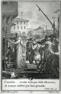 Candide... tog tre steg tillbaka gripen av fasa, och sedan avancerat med god process, illustration från kapitel 29 av Candide av Francois Voltaire (1694-1778) graverad av Jean Louis Delignon (1755-1804) 1787 av Jean Michel the Younger Moreau