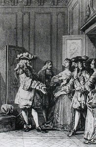 Illustration från LImpromptu de Versailles av Moliere (1622-73) graverad av D. Nee av Jean Michel the Younger Moreau