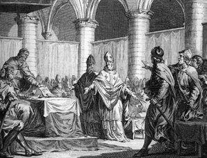 Upprättande av kyrkligt tionde av Pépin le Brief och Carloman (743). Gravyr efter Moreau den unga 1700-talsstickningen. Privat samling.