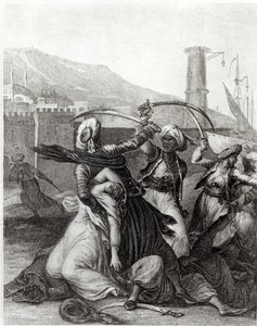 "Min kapten höll mig gömd bakom sig, och med sin dragna scimitar skära ner alla som motsatte sig honom", illustration från kapitel 11 av "Candide" av Francois Voltaire (1694-1778) (gravyr) (s/v foto)