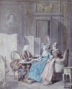Graviditetsförklaringen, andra hälften av 1700-talet, graverad av Pietro Antonio Martini (1739-97) (färgad gravyr) (se även 19554)