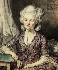 En ung dam som sitter vid ett bord med en bok, 1785 av Jean Michel the Younger Moreau