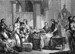 Abdikation av Carloman (ca. 715-754), borgmästare i palatset i Austrasien, till förmån för sin bror, Pepin III dit Pepin le Brief (714-768), 747. Gravyr av Jean Michel Moreau, dit Moreau le Jeune ( 1741-1814) av Jean Michel the Younger Moreau