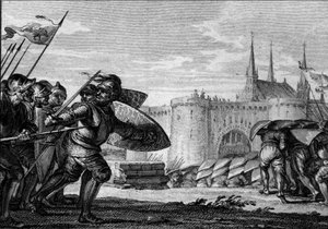 Vikingarmén attackerar Saint Germain des Pres (Saint-Germain-des-Pres) och hans kloster. 900-talet (Karl II den skalliges regeringstid). Gravyr av Jean Michel Moreau, känd som Moreau den yngre (1741-1814) av Jean Michel the Younger Moreau