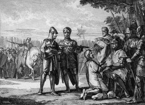 Slaget vid Tertry, 687: vinnare av Armee of Neustria, Pepin the Jeune eller Herstal (cirka 653-714), prins av Austrasia, erkänner auktoriteten hos kungen av Neustrien Thierry III (657-691). Gravyr av Jean Michel Moreau, dit Moreau le Jeune (1741-181