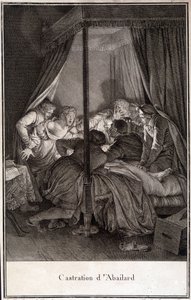 Kastrering av Pierre Abélard eller Pierre Abailard Fransk filosof och teolog (1079 till 1142). gravyr av Moreau.