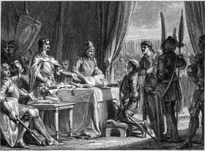 Charles Martel (688-741), frankernas kung, delar ut kyrkans varor till sina soldater, 718. Gravyr av Jean Michel Moreau, dit Moreau le Jeune (1741-1814) av Jean Michel the Younger Moreau