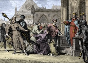 Dagobert 1:a (602/605-638), Frankernas kung, försöker hävda den kungliga auktoriteten i Bourgogne genom att höra invånarnas klagomål mot deras herrar. Gravyr av Jean Michel Moreau, dit Moreau le Jeune (1741-1814) av Jean Michel the Younger Moreau