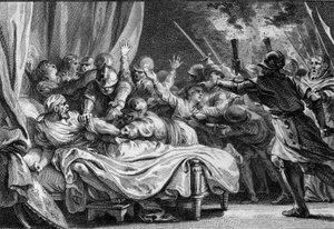 Slutet av den karolingiska dynastin, 988: arrestering av Karl (953-991), hertig av Nedre Lorraine, av Hugues Capet (941-996) och hans armé. Gravyr av Jean Michel Moreau, dit Moreau le Jeune (1741-1814) av Jean Michel the Younger Moreau