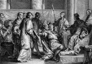 Erispoe (död 857), kung av Bretagne, fick rikets utsmyckningar av Karl II den skallige (823-877), 851. Gravyr av Jean Michel Moreau, dit Moreau le Jeune (1741-1814) av Jean Michel the Younger Moreau