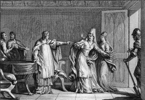 Louis V the Faineant (966-987), kung av frankerna, utvisar sin mor, drottning Emma av Italien (945-988), anklagad för att ha förgiftat hennes man, kung Lothaire (941-986), 987. Gravyr av Jean Michel Moreau , dit Moreau le Jeune (1741-1814) av Jean Michel the Younger Moreau