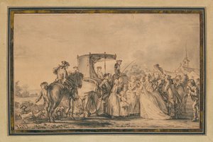 Marie Antoinette, går ur sin vagn och omgiven av sin kortege, tröstar en bonde, 1773 av Jean Michel the Younger Moreau