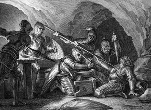 Möte av hertigdömet Aquitaine till kronan: Mordet på Waifre (eller Gaifier), hertigen av Aquitaine (767 eller 768). Gravyr av Romanet efter Moreau le jeune (1779). av Jean Michel the Younger Moreau