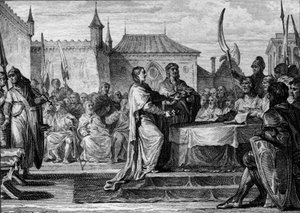 Succession av Pepin the Brief, 768: en församling beslutade att dela riket mellan hans två söner, Karl den Store (747-814) och Carloman (ca. 751-771), och därmed bryta ner de arrangemang som Pepin the Brief gjorde. Gravyr av Jean Michel Moreau, dit Moreau  av Jean Michel the Younger Moreau