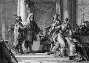 Prinsessan av Aquitaine, Lampagie, tvångsgiftes av sin far (Eudes) med den moriske kaptenen Munuza (Uthman ibn Naissa) för att säkra fred med saracenerna, 730. Gravyr av Jean Michel Moreau, dit Moreau le Jeune (1741-1814) )