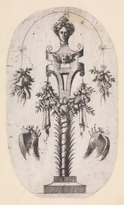 Design för en mandatperiod med chefen för kvinna, remmar och troféer, 1535-55. av Jean Mignon