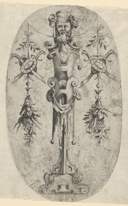 Manlig ändfigur, huvud med skägg och turban på en trekvarts remspindel..., ca. 1543-45. av Jean Mignon