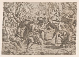 Den förrädiska sinonen fördes in i trojanernas läger av herdarna, 1535-55. av Jean Mignon