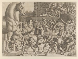 Trojanerna tar med trähästen in i sin stad, 1535-55. av Jean Mignon