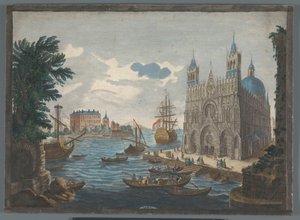 Utsikt över en gotisk katedral vid vattnet Vue d