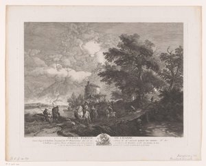 Jaktgrupp i ett landskap med en bro Petite Partie de Chasse (titel på objekt) Tryck efter målningar av Philips Wouwerman (serietitel) Oeuvres de Ph.pe Wouwermans Hollandois (serietitel) av Jean Moyreau