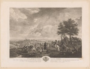 Landskap med hästhandlare på en marknad Les Maquignons à la Foire (titel på objekt) Tryck efter målningar av Philips Wouwerman (serietitel) Oeuvres de Ph.pe Wouwermans Hollandois (serietitel) av Jean Moyreau