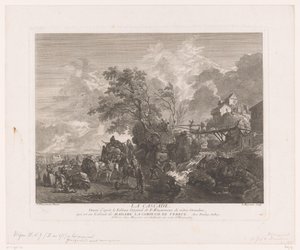 Landskap med resenärer vid ett vattenfall La cascade (titel på objekt) Tryck efter målningar av Philips Wouwerman (serietitel) Oeuvres de Ph.pe Wouwermans Hollandois (serietitel) av Jean Moyreau