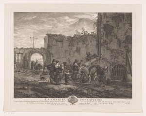 Munkar delar ut mat till pilgrimer på en innergård La Charité des Capucins (titel på objekt) Tryck efter målningar av Philips Wouwerman (serietitel) Oeuvres de Ph.pe Wouwermans Hollandois (serietitel)