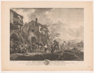 Resenärer hos en smed La boutique du marechal (titel på objekt) Tryck efter målningar av Philips Wouwerman (serietitel) Oeuvres de Ph.pe Wouwermans Hollandois (serietitel)