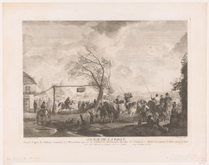 Ringskylt på ett värdshus Cours de la bague (titel på objekt) Tryck efter målningar av Philips Wouwerman (serietitel) Verk av Ph.pe Wouwermans Hollandois (serietitel) av Jean Moyreau