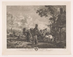 Ryttare hos en hovslagare Le Travail du Marechal (titel på objekt) Tryck efter målningar av Philips Wouwerman (serietitel) Verk av Ph.pe Wouwermans Hollandois (serietitel)