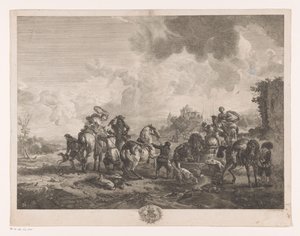 Vilande jaktsällskap vid en fontän La Fontaine de Venus Tryck efter målningar av Philips Wouwerman (serietitel) Oeuvres de Ph.pe Wouwermans Hollandois (serietitel) av Jean Moyreau