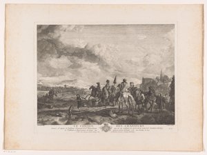 Vilande jaktsällskap i ett landskap Le Conseil des Chasseurs (titel på objekt) Tryck efter målningar av Philips Wouwerman (serietitel) Oeuvres de Ph.pe Wouwermans Hollandois (serietitel)