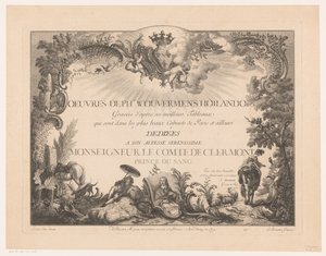 Titeltryck med figurer och djur i ett landskap, med porträttet av Philips Wouwerman Tryck efter målningar av Philips Wouwerman (serietitel) Oeuvres de Ph.pe Wouwermans Hollandois (serietitel på objekt)