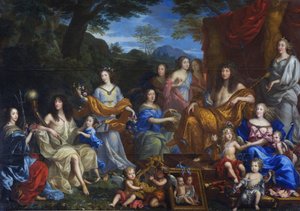 Franska: Portrait mythologique de la famille de Louis XIV Mytologiskt porträtt av Ludvig XIV och den kungliga familjen
