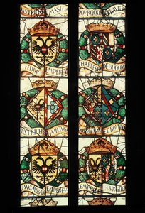 Heraldiska vapensköldar från kungafamiljerna i Österrike, Tyskland, Frankrike och Portugal associerade med givaren Margareta av Österrike, 1527-29 av Jean Orquois Antoine Noisin
