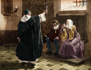 Den store spanska inkvisitorn, Fray Tomas de Torquemada (1420-1498), bland de katolska kungarna Ferdinand II och Isabella 1:a av Kastilien