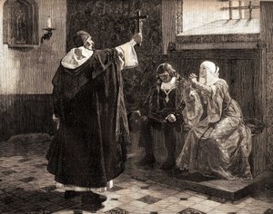 Den store spanske inkvisitorn Fray Tomas de Torquemada (1420-1498), bland de katolska kungarna Ferdinand II av Aragon och Isabella av Kastilien