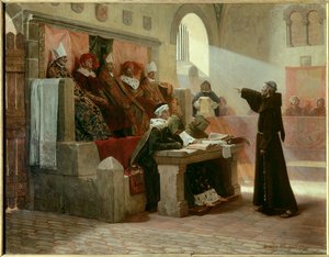 Albigeoise Inquisition: "Agitatorn i Languedoc Bernard Delicieux (1260-1318), franciskanermunk under sin rättegång." Domens scen: på första raden i mitten, vänd mot Bernard Delicieux, är den store inkvisitorn omgiven av två religiösa, bakom av Jean Paul Laurens