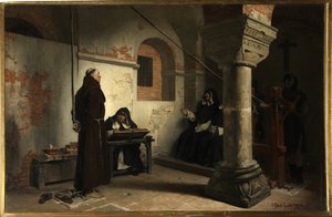 Bernard Delicieux (1260-1319) inför inkvisitionens domstol - Målning av Jean Paul (Jean-Paul) Laurens (1838-1921), olja på duk, cirka 1881, 79x121 cm - (Bernard Delicieux inför inkvisitionsdomstolen, Oil canvas av Jean Paul Laurens) - Sta