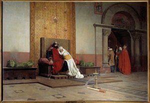 Exkommunikation av Robert II den fromme 998. Kungen av Frankrike, son till Hugues Capet, blir förälskad och gifter sig med sin kusin Berthe av Bourgogne trots att påven Gregoire V har avskräckts, som också excommuniserar honom. Målning av Jean Paul Laurens
