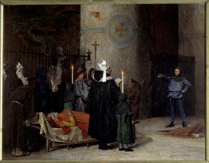 Begravning av Vilhelm Erövraren (1027-1087), kung av England från 1066 till 1087 (1087), i Abbey aux Hommes (Abbey-au-Hommes) i Caen. En man vid namn Asselin avbryter ceremonin. Målning av Jean Paul Laurens (1838-1921)