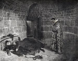 Påven Urban VI:s hämnd (1318-1389) - Påven Urban VI:s hämnd (torterar och försvinner sina egna kardinaler) - gravyr av Laurens -