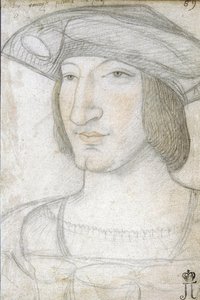 Porträtt av Frans I (1494-1547), kung av Frankrike par Perreal, Jean (ca 1460-1530). Svart krita och sangvin på papper, storlek: 19,1x13,2, första halvan av 1500-talet, State Hermitage, St. Petersburg