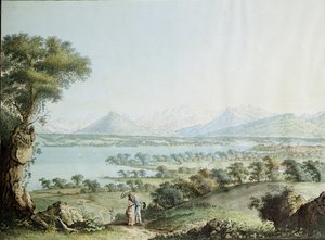 Vy över Mont Blanc med Genève i förgrunden, graverad av Jean Philippe Linck II (1770-1812) och Jacob Philippe Hackert (1737-1807). av Jean Philippe II Linck